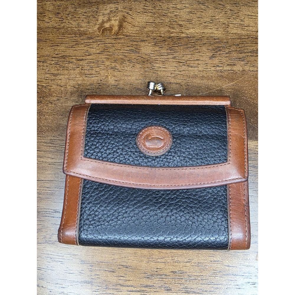 Vintage Dooney & Bourke Black Pebble Leather & British Tan Trim Kisslock Flap...